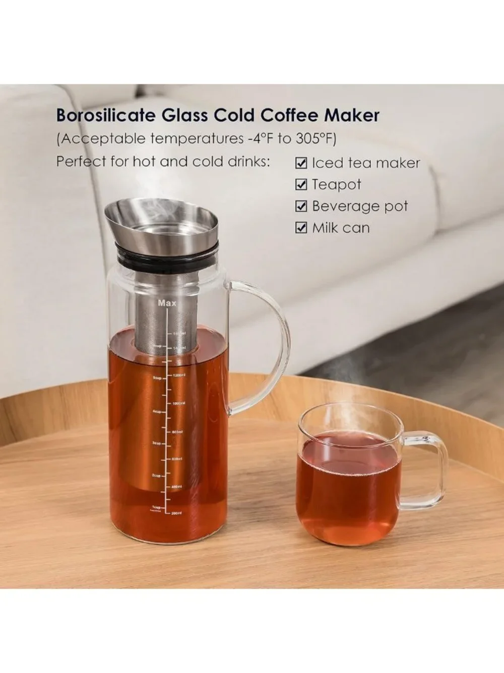 51oz Cold Brew Coffee Maker & Iced Tea Pitcher - Borosilicate Glass, Durable